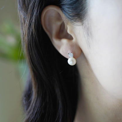 Sterling Silver 7-7.5MM Cultured White Freshwater Pearl 4mm CZ Studs Earrings