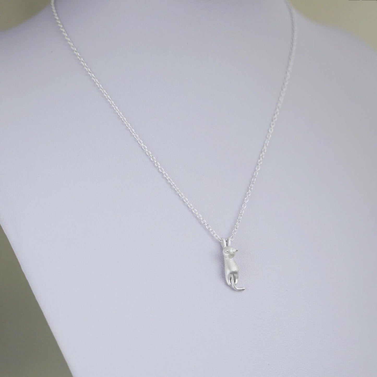 Sterling Silver Matte Hanging Cat Jumping Kitten Pendant Necklace