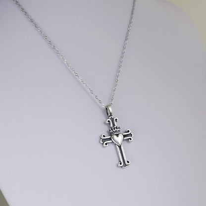 Rhodium twisted chain necklace with cross pendant