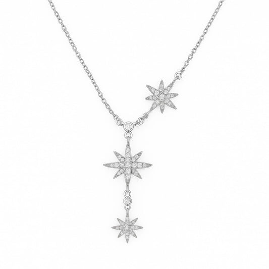 CZ Sunburst Y-necklace in silver tone with three starburst pendants on a Y chain