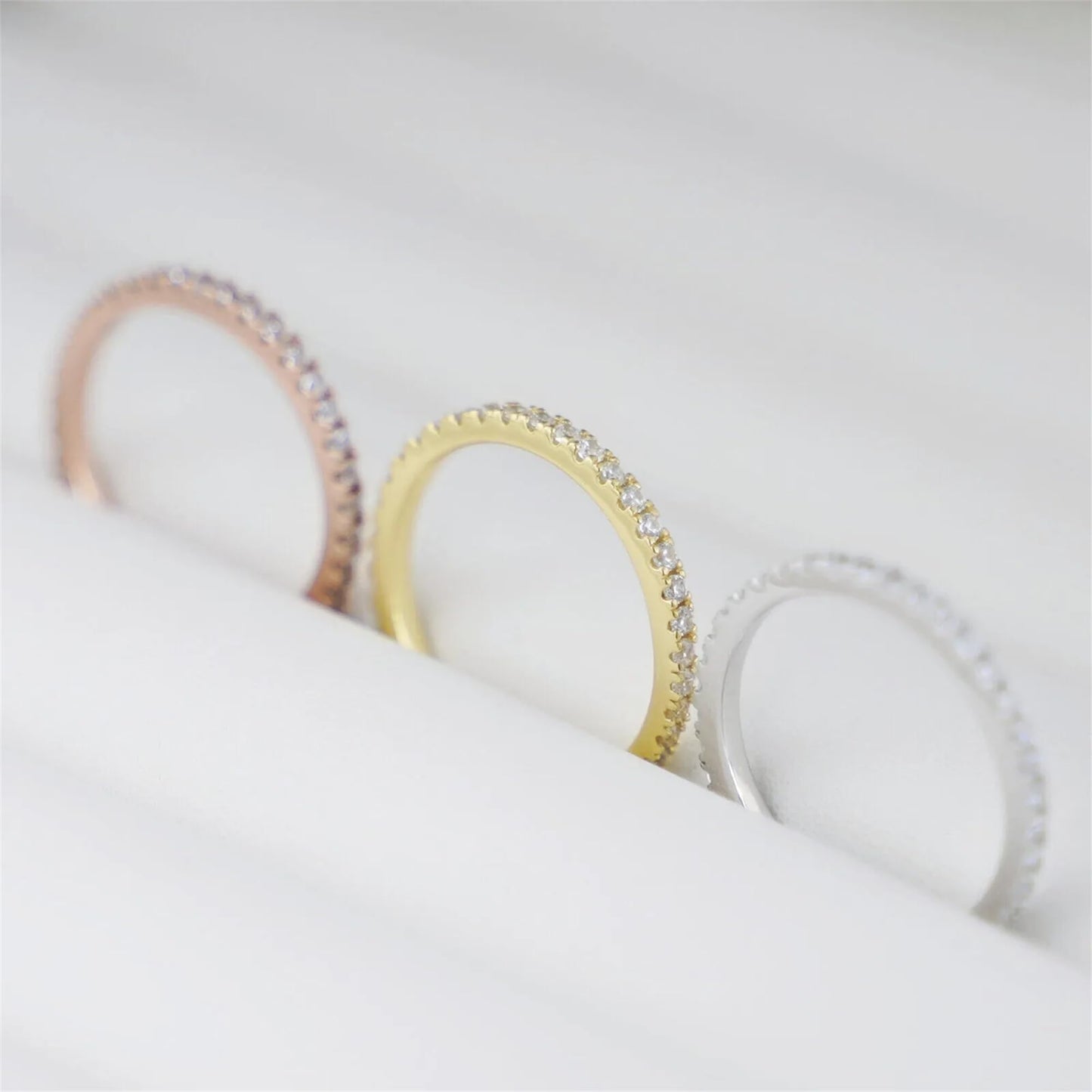 18K Gold on Sterling Silver Full Eternity 2mm Paved CZ Crystal Band Ring I - U