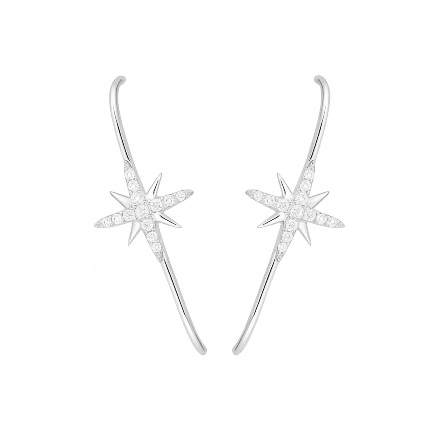 Sterling Silver 9mm North Pole Star Pave CZ Suspender Bar Cuff Stud Earrings 2 Tones Rhodium / 18K Gold