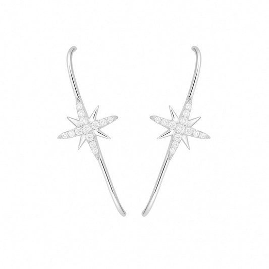 North Star suspender stud earrings, rhodium-tone, starburst stud with long curved drop