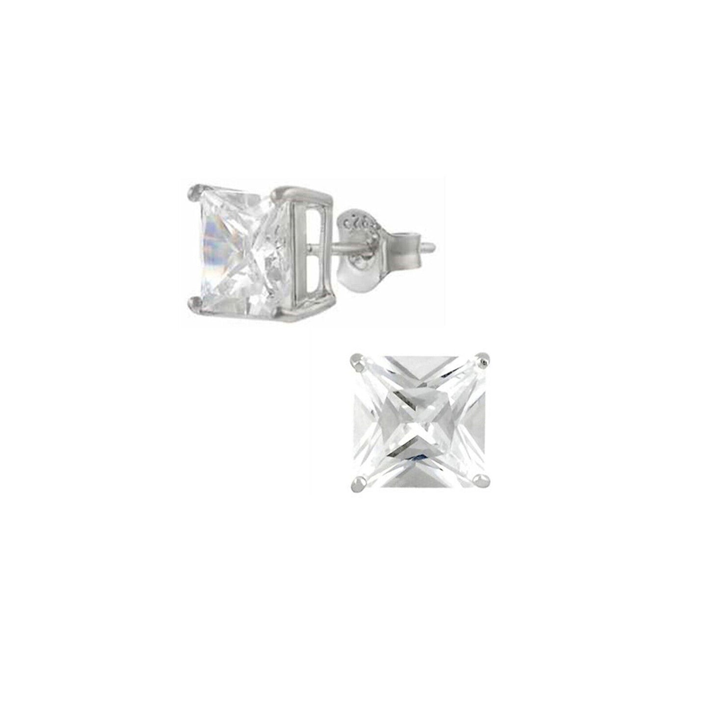 Sterling Silver Princess Cut Square CZ Stud Earrings for Women in Black and White, 2.5-10mm