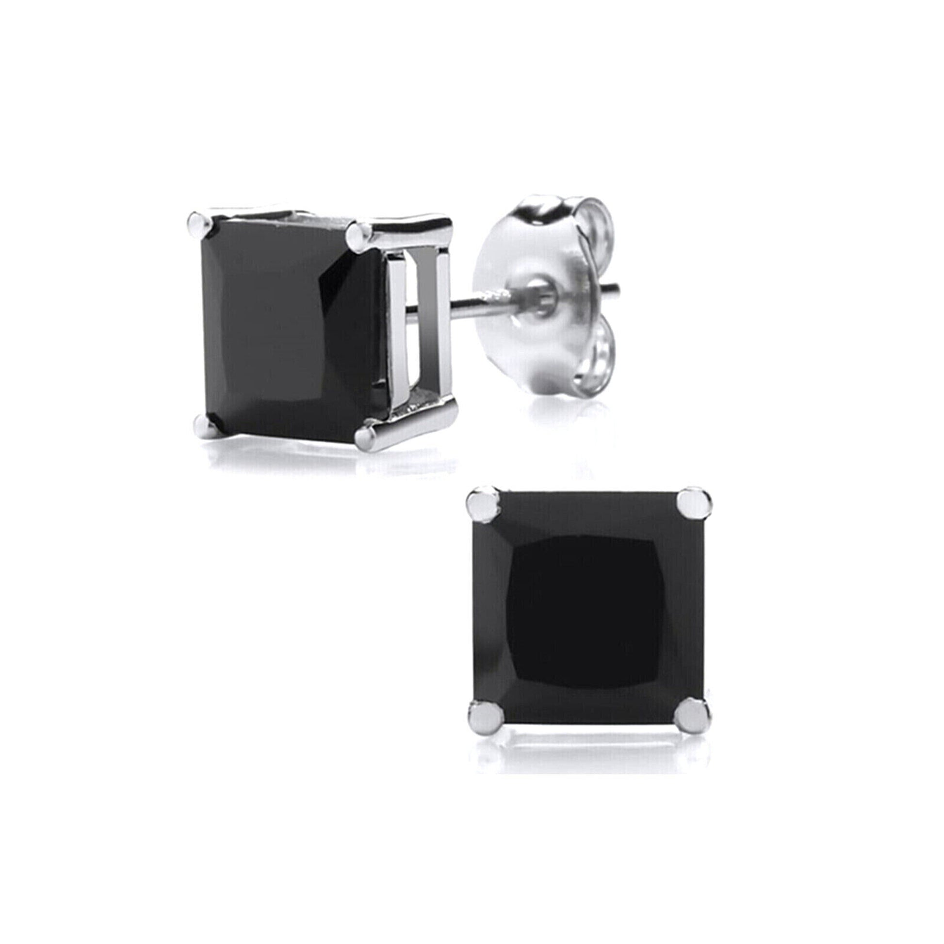 Sterling Silver Princess Cut Square CZ Unsiex Stud Earrings in Black and White, 2.5-10mm - sugarkittenlondon