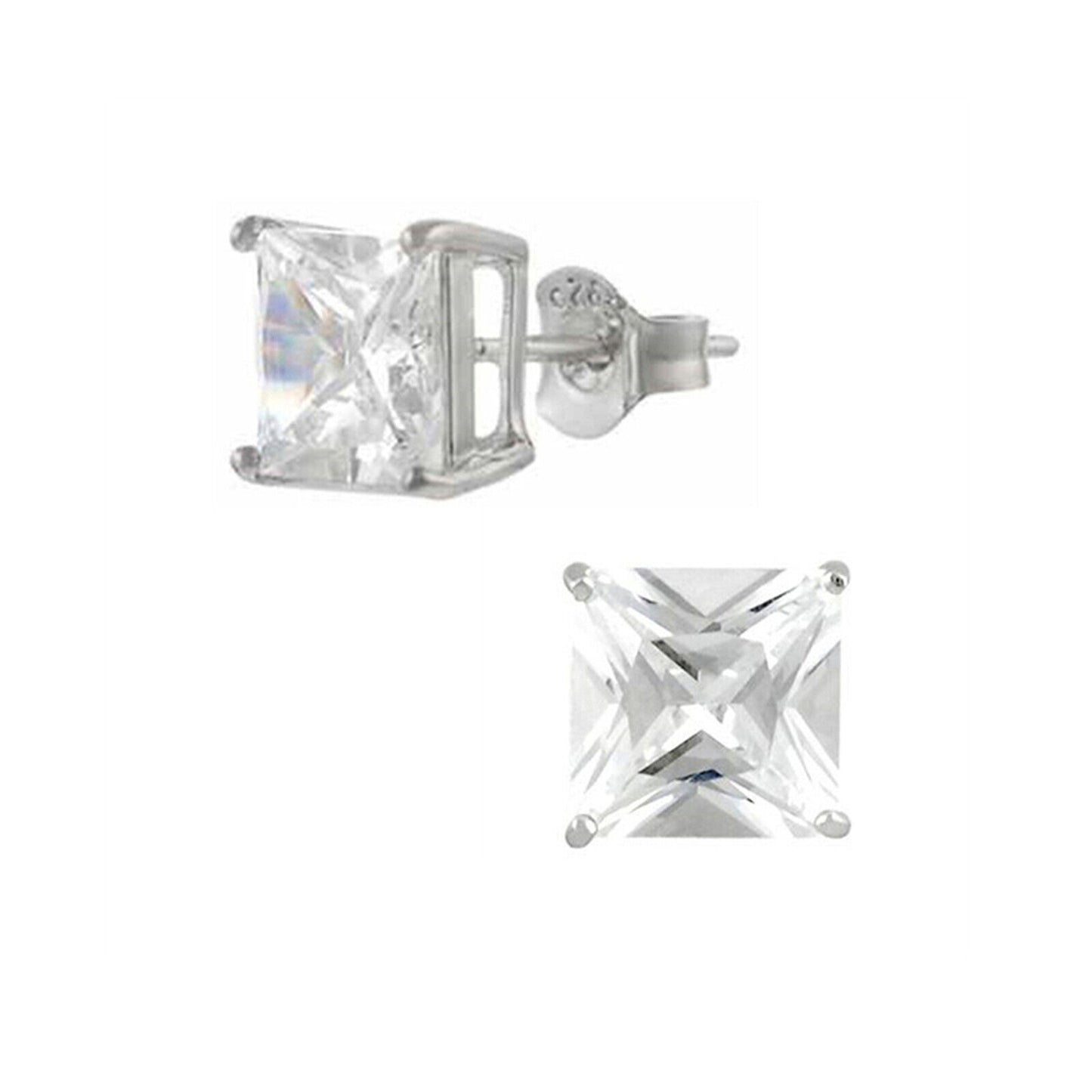 Sterling Silver Princess Cut Square CZ Unsiex Stud Earrings in Black and White, 2.5-10mm - sugarkittenlondon