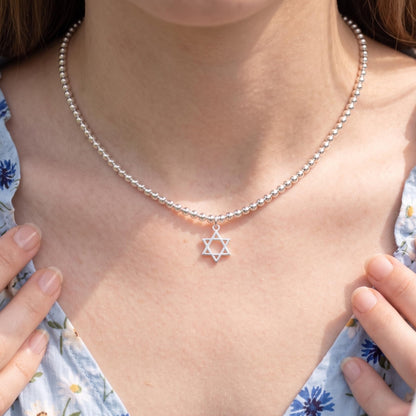 Star of David hollow charm on ball chain necklace, silver-tone