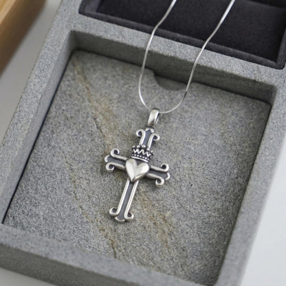 Sterling Silver Oxidised Fleury Claddagh Cross Pendant Heart Crown Love Symbol