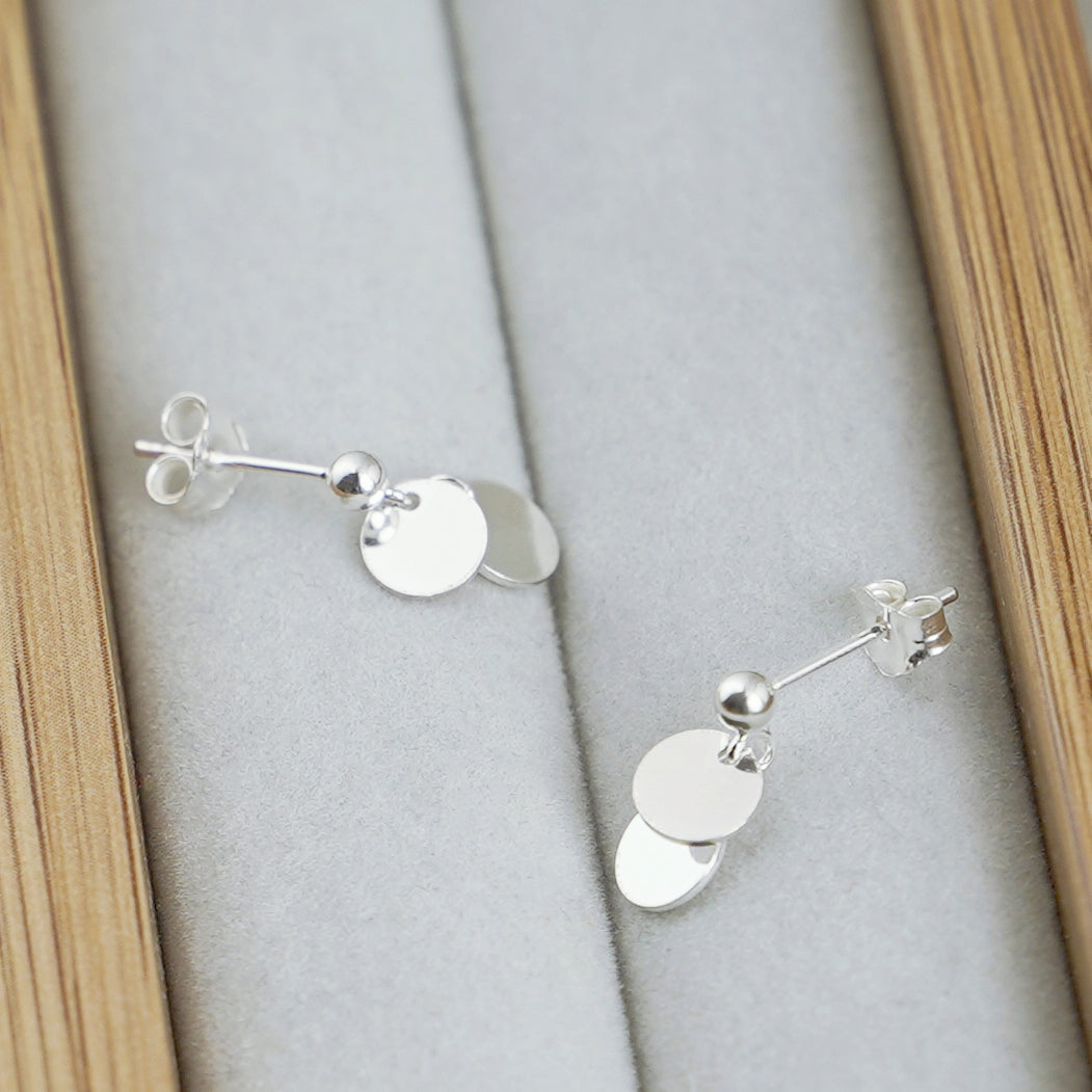 Silver Double Disc Drop Earrings