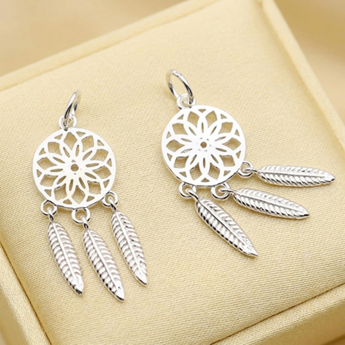 Pair of Dream Catcher Charms, silver-tone round medallion with three hanging feathers