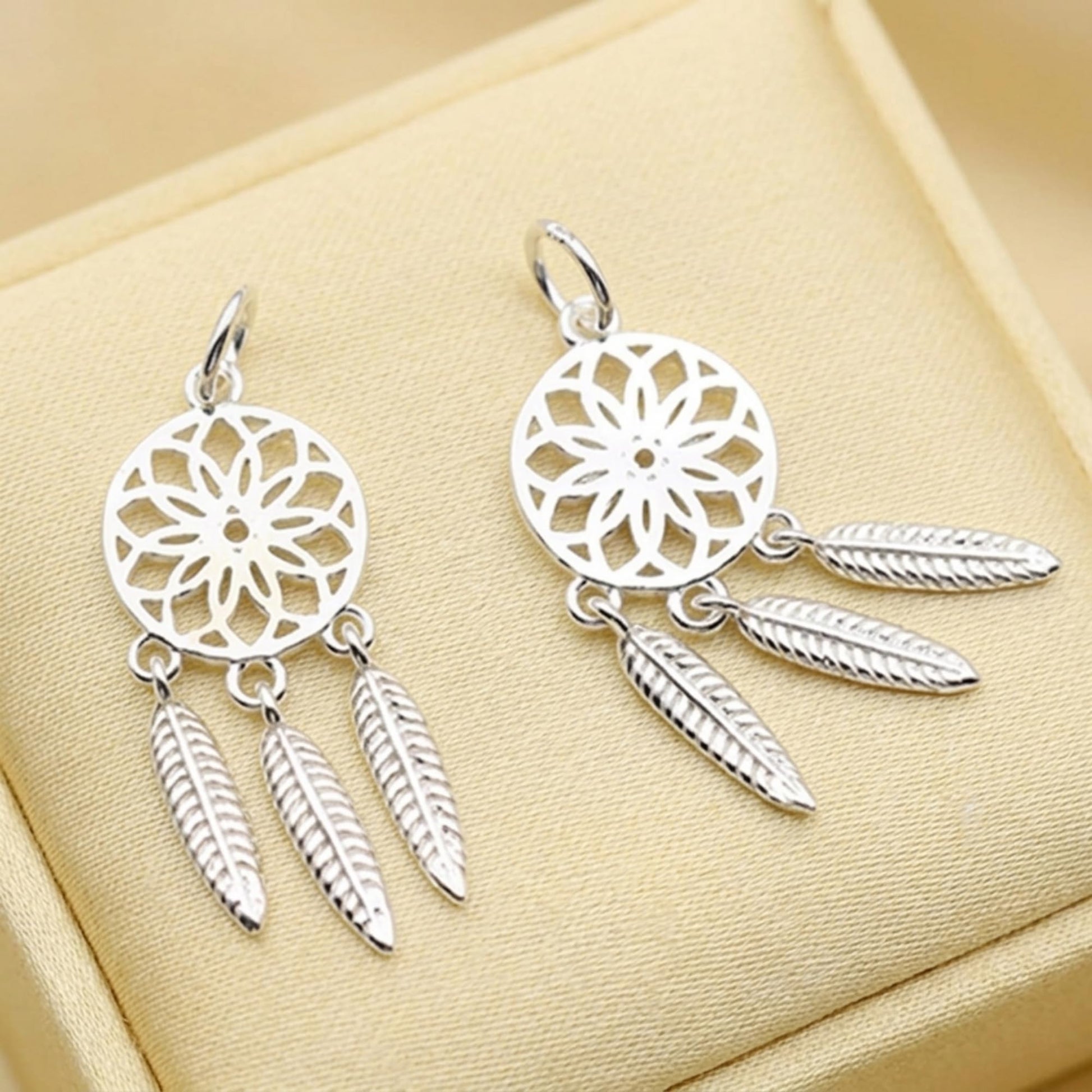 Pair of Dream Catcher Charms, silver-tone round medallion with three hanging feathers