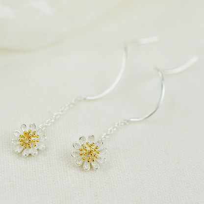 Wave Threader Dangle Earrings in Sterling Silver with Sun Flower Daisy Design - sugarkittenlondon