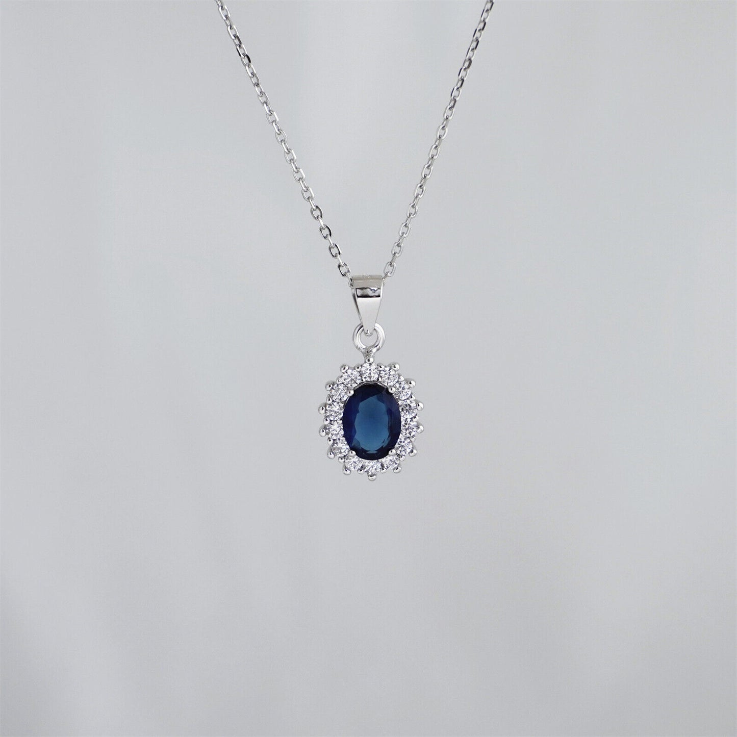 Sterling Silver Cut Blue CZ Sapphire Halo Cluster Pendant Necklace 3 Chains - sugarkittenlondon