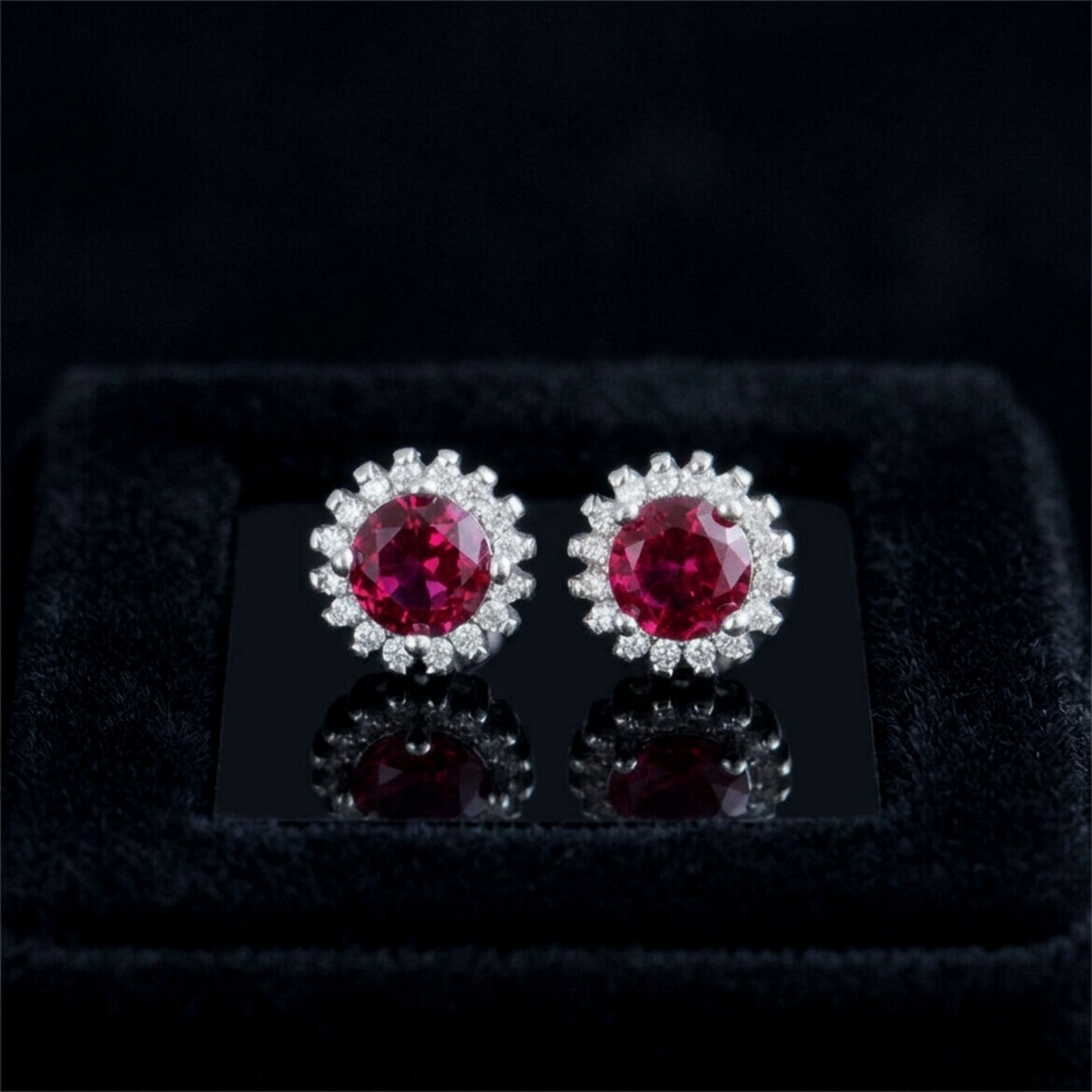 Silver stud earrings with round red gemstone and halo of clear stones in black box