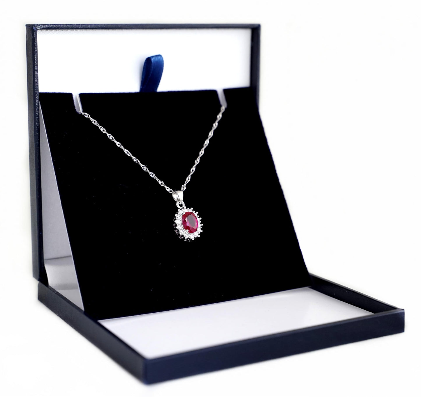 Rhodium twisted chain necklace with red gemstone pendant in gift box