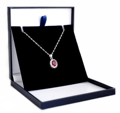 Rhodium twisted chain necklace with red gemstone pendant in gift box