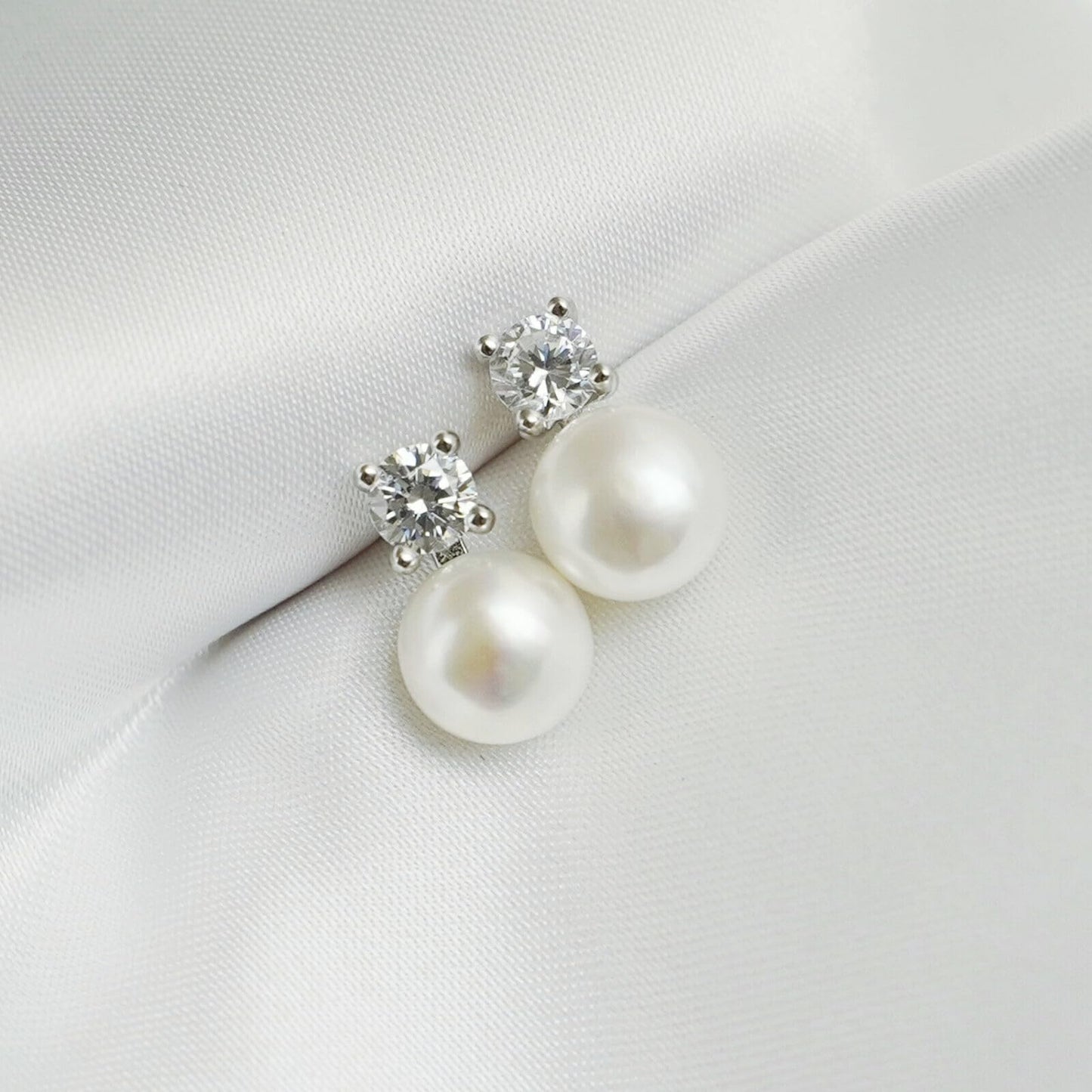 Sterling Silver 7-7.5MM Cultured White Freshwater Pearl 4mm CZ Studs Earrings