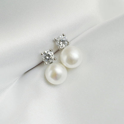 Sterling Silver 7-7.5MM Cultured White Freshwater Pearl 4mm CZ Studs Earrings