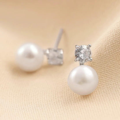 Sterling Silver 7-7.5MM Cultured White Freshwater Pearl 4mm CZ Studs Earrings
