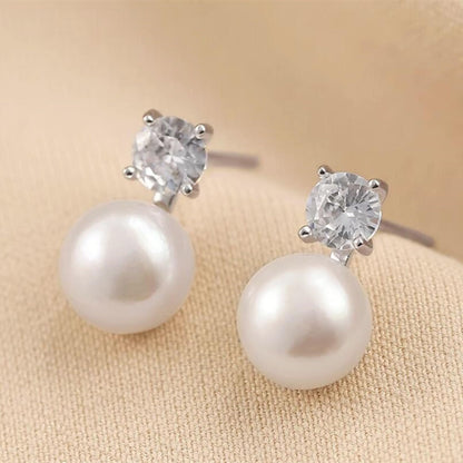 Sterling Silver 7-7.5MM Cultured White Freshwater Pearl 4mm CZ Studs Earrings