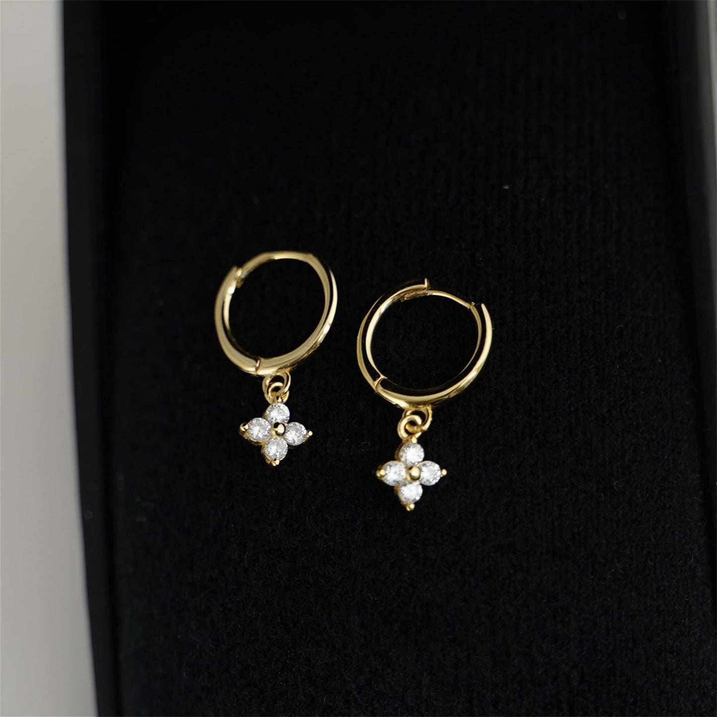 Sterling Silver Motif Flower Charm Drop CZ Hinged 9mm Hoop Huggie Earrings 2 Tones Rhodium 18K Gold