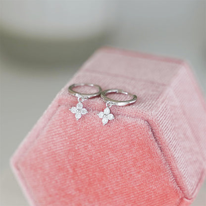 Sterling Silver Motif Flower Charm Drop CZ Hinged 9mm Hoop Huggie Earrings 2 Tones Rhodium 18K Gold