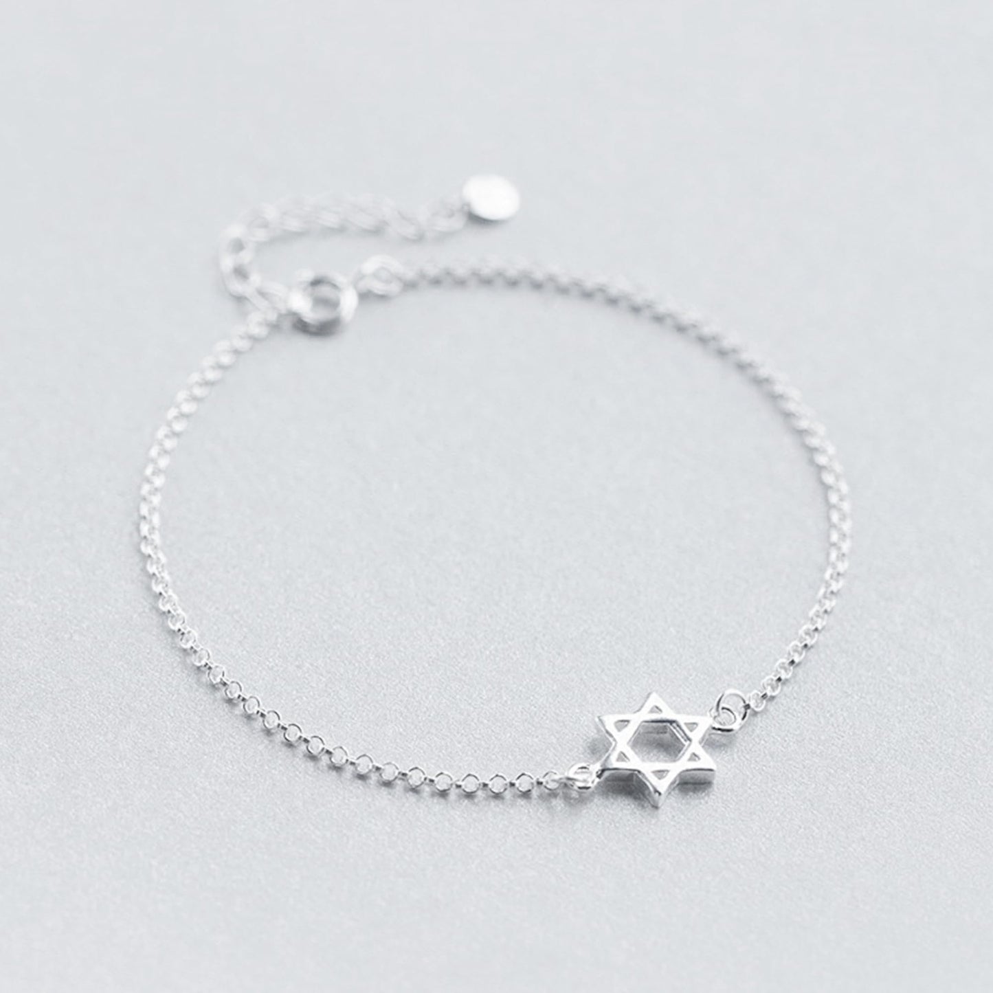 Star of David charm bracelet in silver tone with small round bead chain