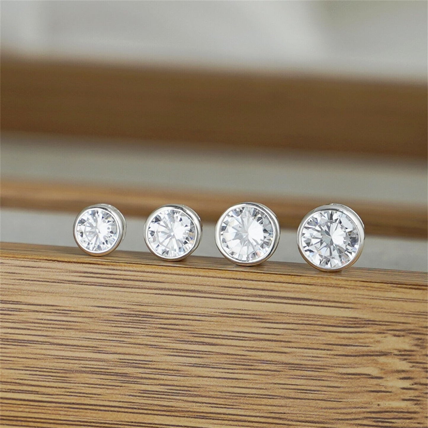 Sterling Silver CZ Solitaire Stud Earrings Round Bezel Set, Simulated Diamond, 3mm-8mm, Clear & Black, Unisex