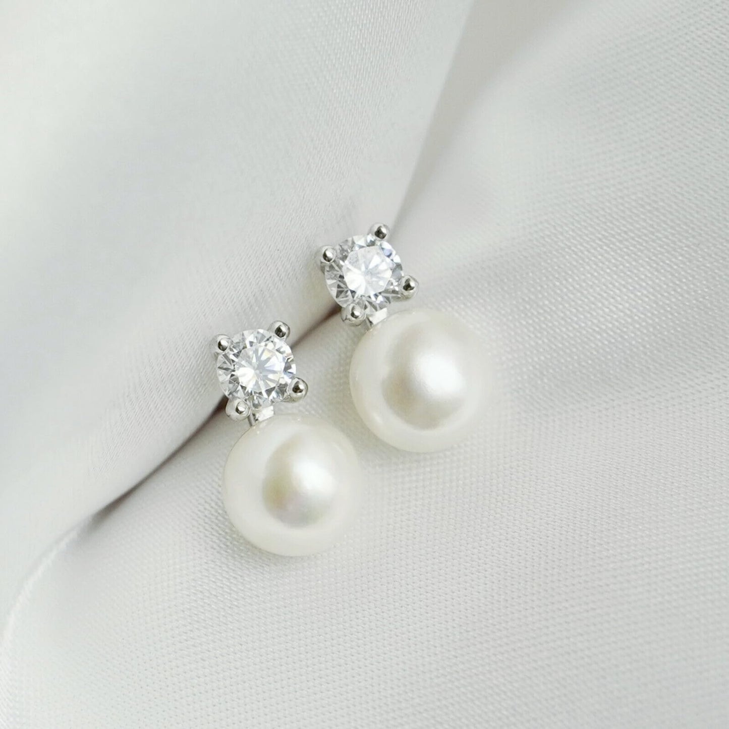 Sterling Silver 7-7.5MM Cultured White Freshwater Pearl 4mm CZ Studs Earrings