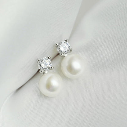 Sterling Silver 7-7.5MM Cultured White Freshwater Pearl 4mm CZ Studs Earrings