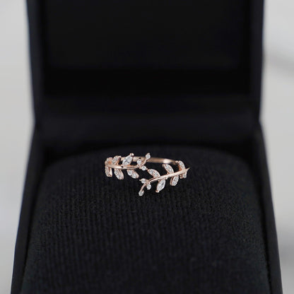 Sterling Silver Cubic Zirconia Leaf Feather Bridal Wrap Ring Adjustable Rhodium / 18K Gold