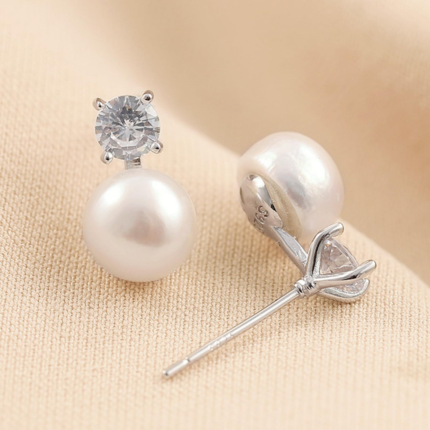 Sterling Silver 7-7.5MM Cultured White Freshwater Pearl 4mm CZ Studs Earrings