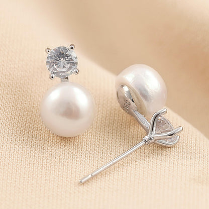 Sterling Silver 7-7.5MM Cultured White Freshwater Pearl 4mm CZ Studs Earrings