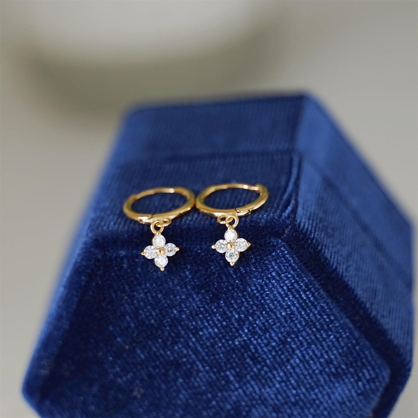 Sterling Silver Motif Flower Charm Drop CZ Hinged 9mm Hoop Huggie Earrings 2 Tones Rhodium 18K Gold