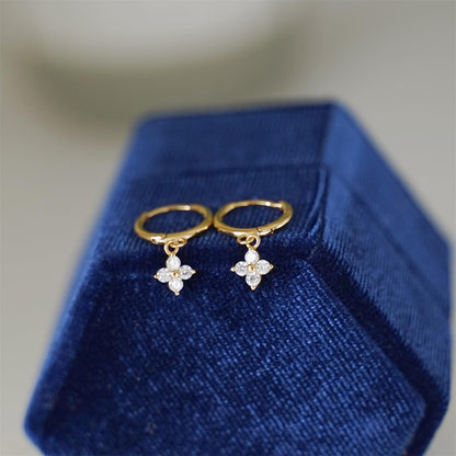 Sterling Silver Motif Flower Charm Drop CZ Hinged 9mm Hoop Huggie Earrings 2 Tones Rhodium 18K Gold