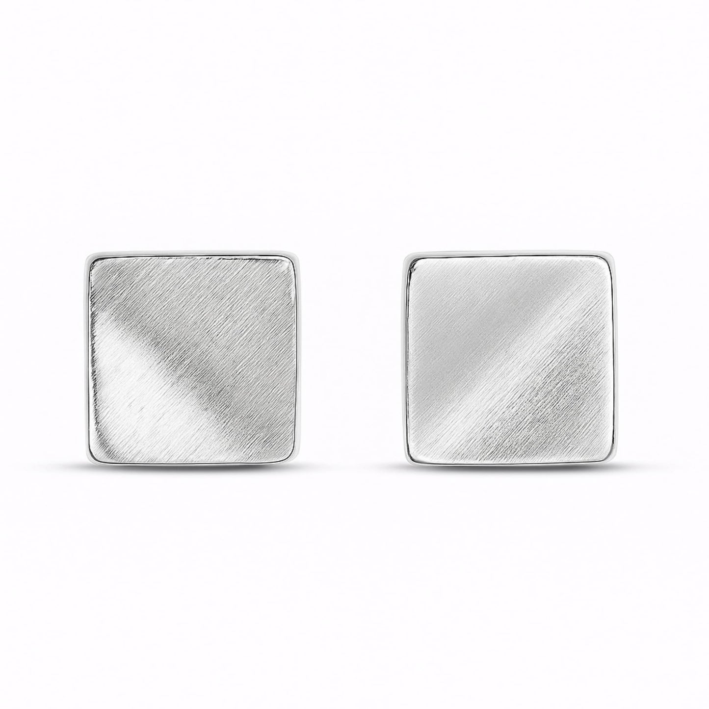 Matte cube stud earrings, brushed silver finish, square backs.