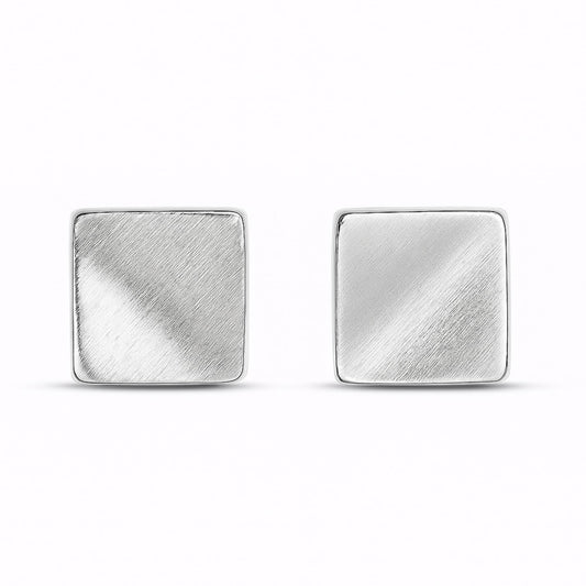 Matte cube stud earrings, brushed silver finish, square backs.