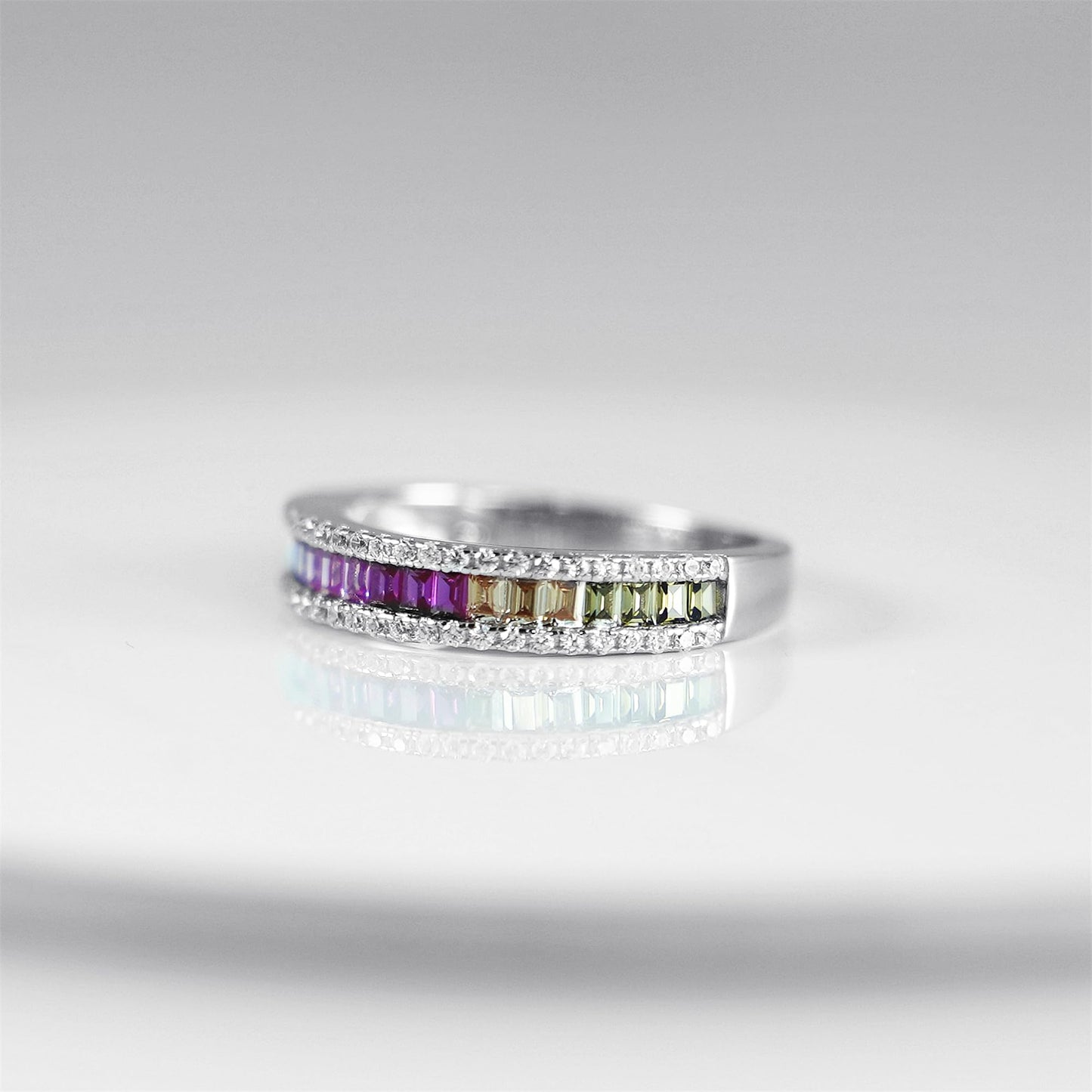 Rhodium on Sterling Silver Half Channel Set Baguette Rainbow Multi-Colour CZ Eternity Ring