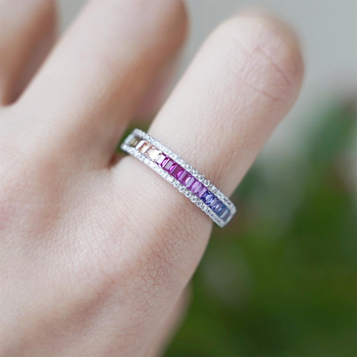 Rhodium on Sterling Silver Half Channel Set Baguette Rainbow Multi-Colour CZ Eternity Ring