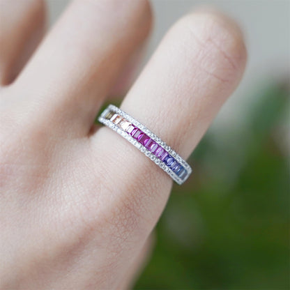 Rhodium on Sterling Silver Half Channel Set Baguette Rainbow Multi-Colour CZ Eternity Ring