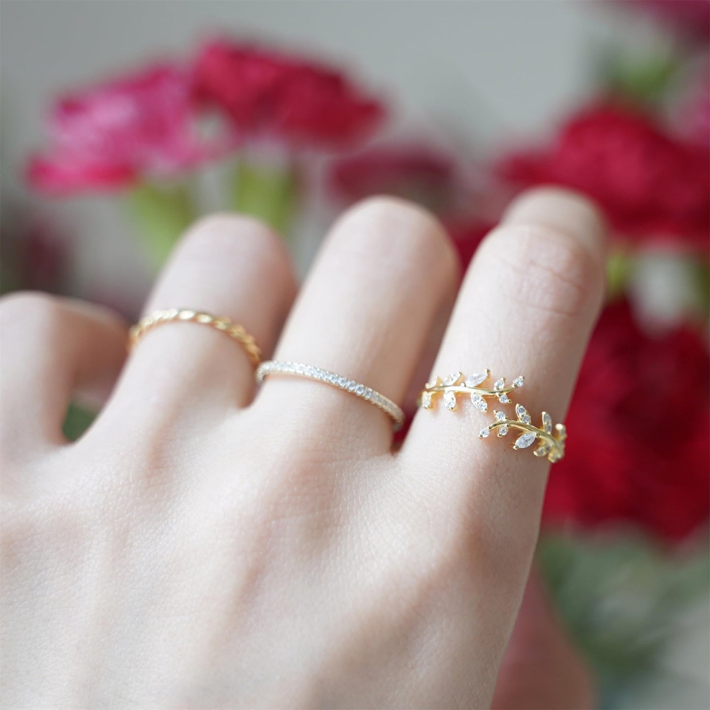 Sterling Silver Cubic Zirconia Leaf Feather Bridal Wrap Ring Adjustable Rhodium / 18K Gold