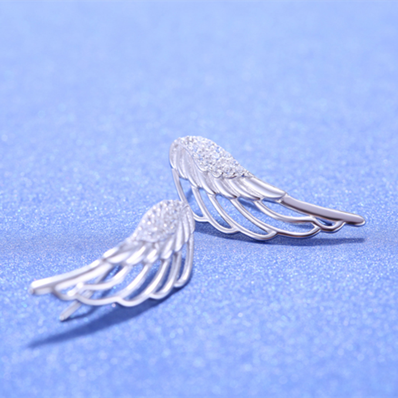 Rhodium on Sterling Silver Crystal Angel Wing Feather Cuff Crawler Climber Earrings
