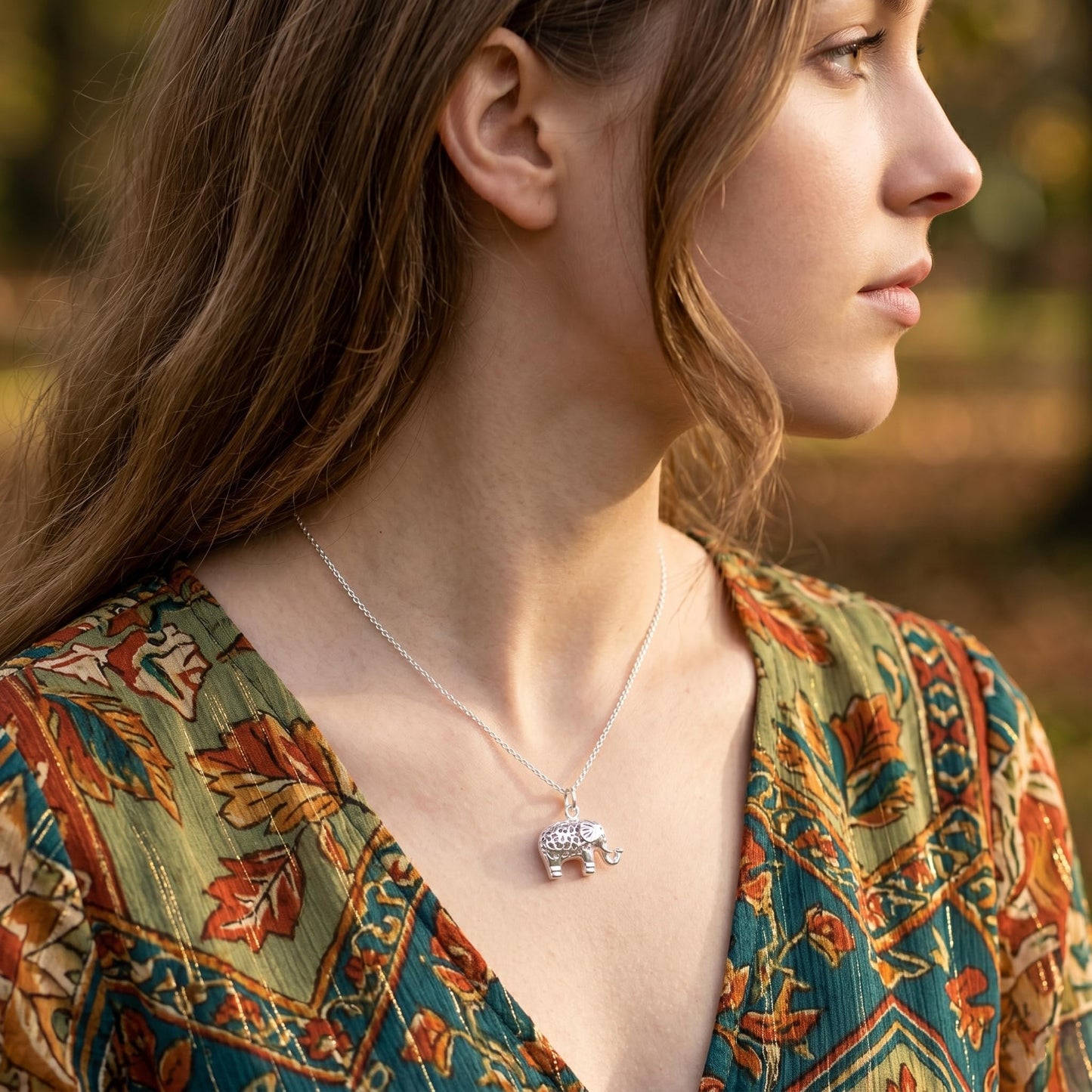 Sterling Silver Filigree 3D Elephant w Raised Trunk Pendant Charm