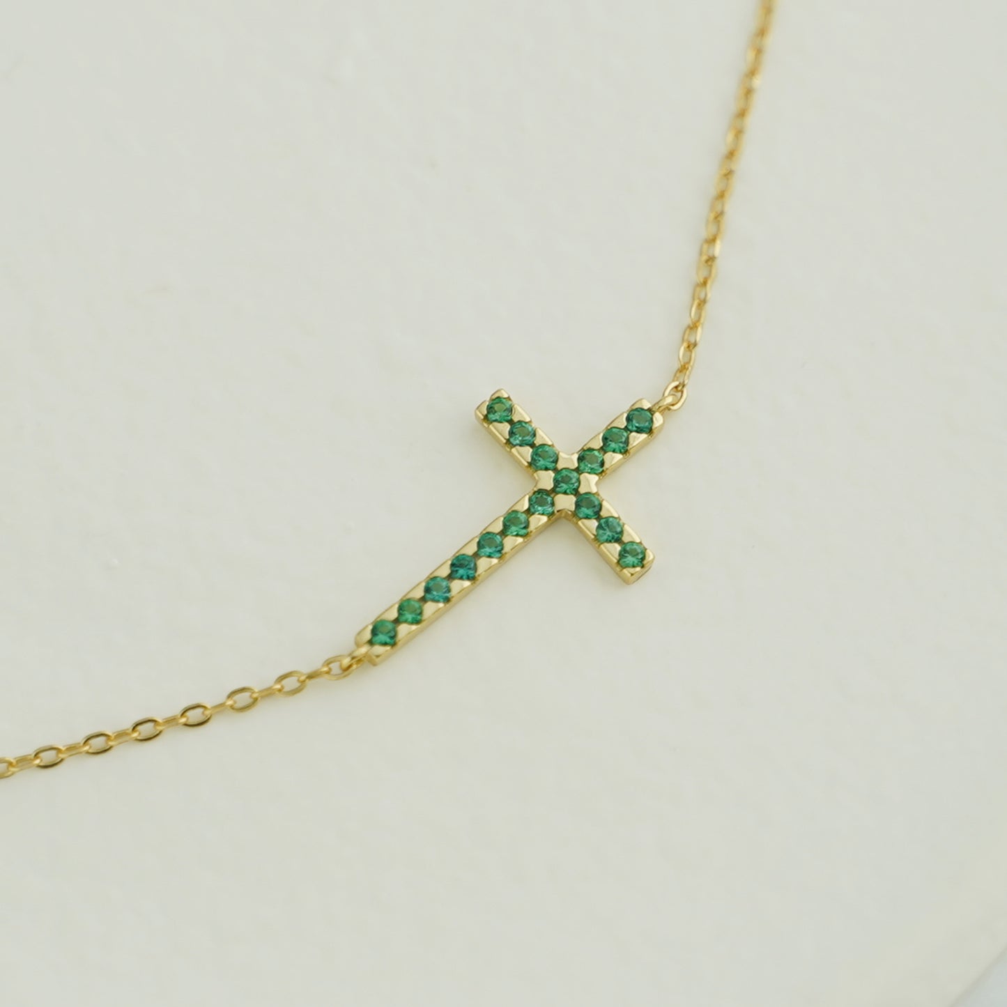 18K Gold on Sterling Silver Green CZ Cross Pendant Necklace - sugarkittenlondon