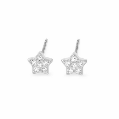 Sterling Silver Paved CZ Star Stud Earrings Rhodium Gold Rose Gold Tones 4 - 7mm