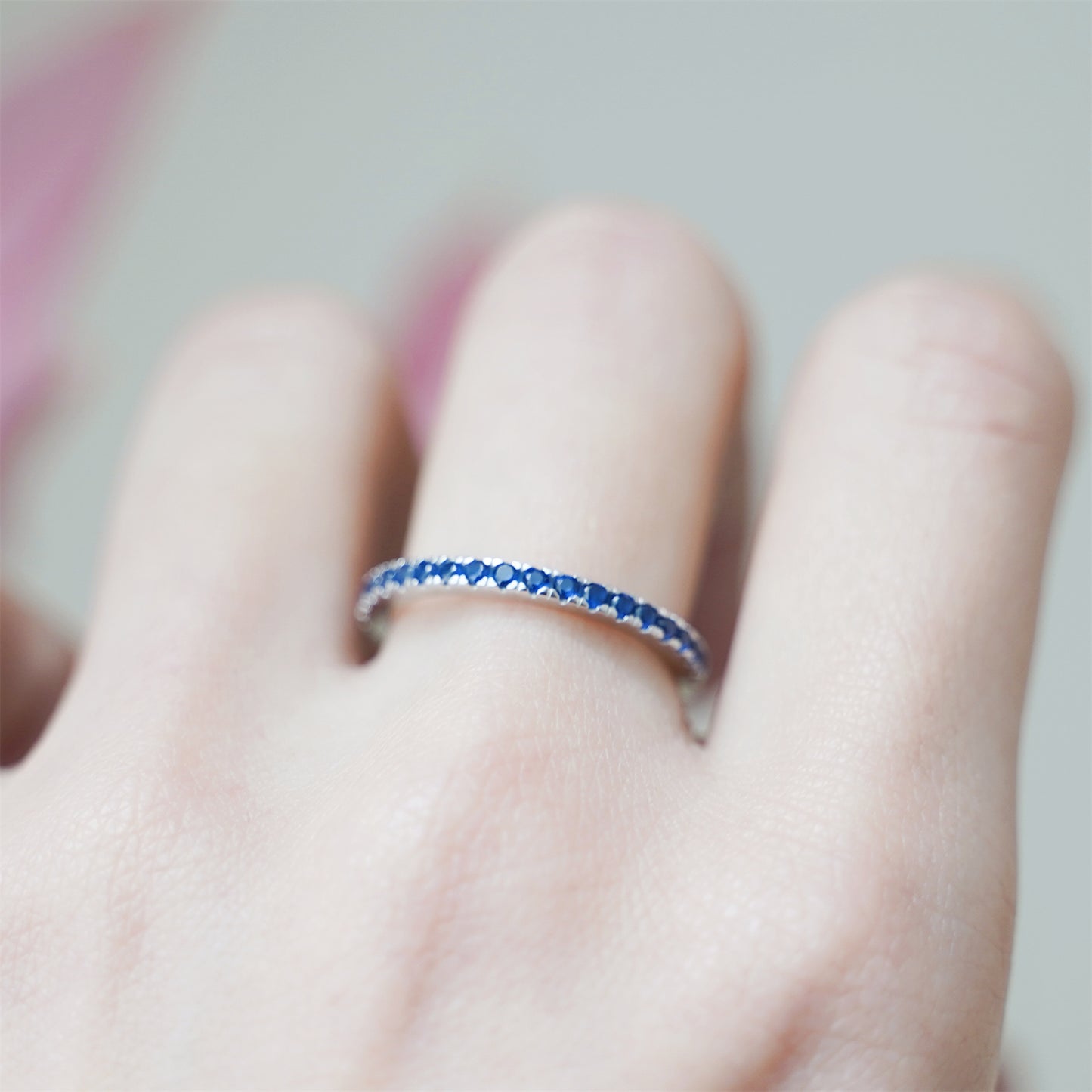 Sterling Silver Full Eternity 2mm Paved CZ Blue Sapphire Stacking Band Ring - sugarkittenlondon