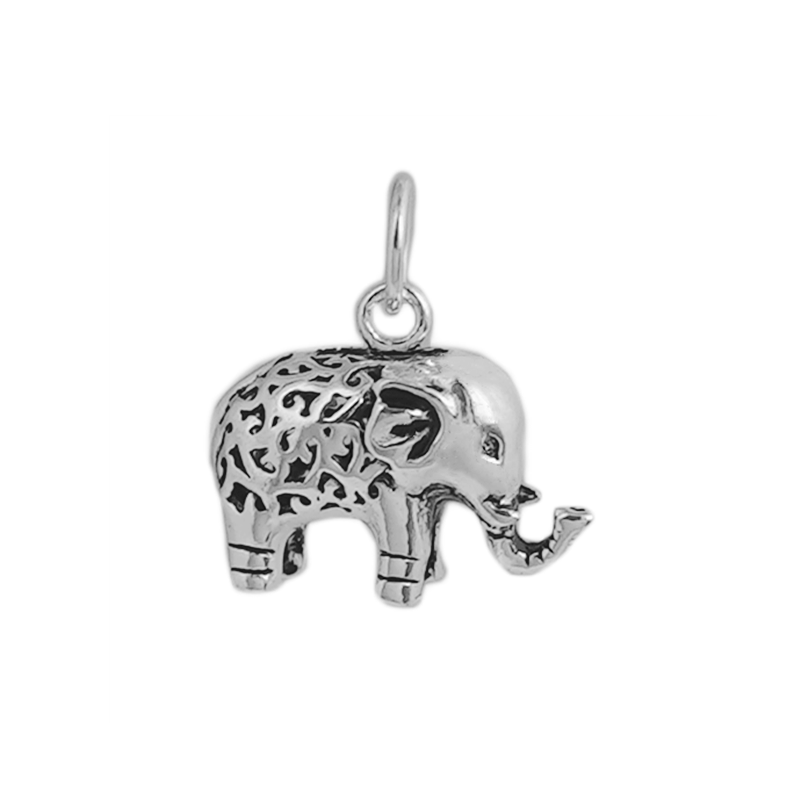 Sterling Silver Filigree 3D Elephant Pendant Charm with Raised Trunk (2 Tones) - sugarkittenlondon