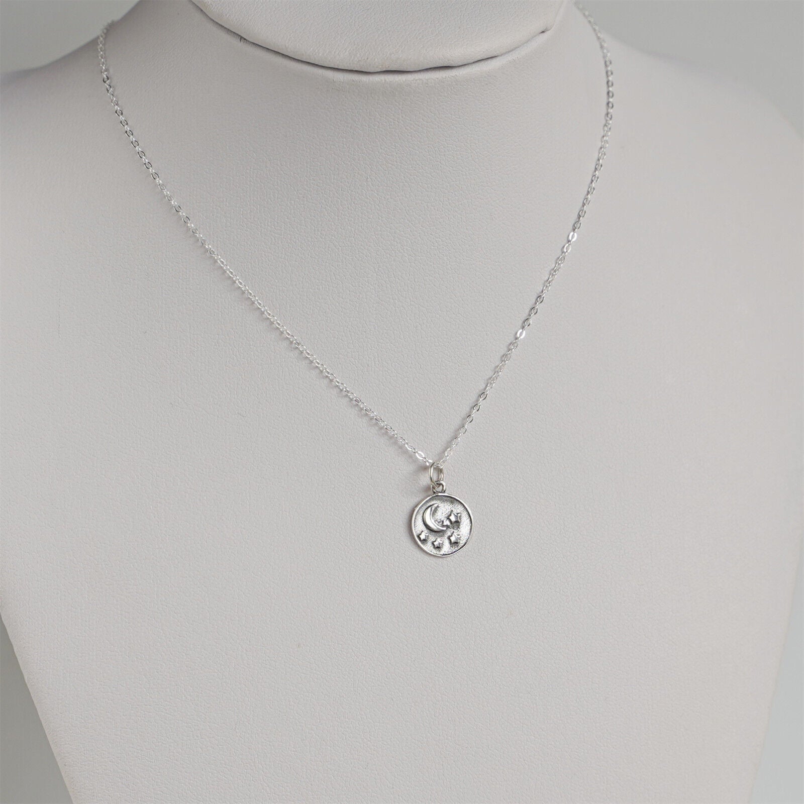 Sterling Silver Oxidized 11mm Crescent Moon with Stars Disc Circle Charm Pendant - sugarkittenlondon