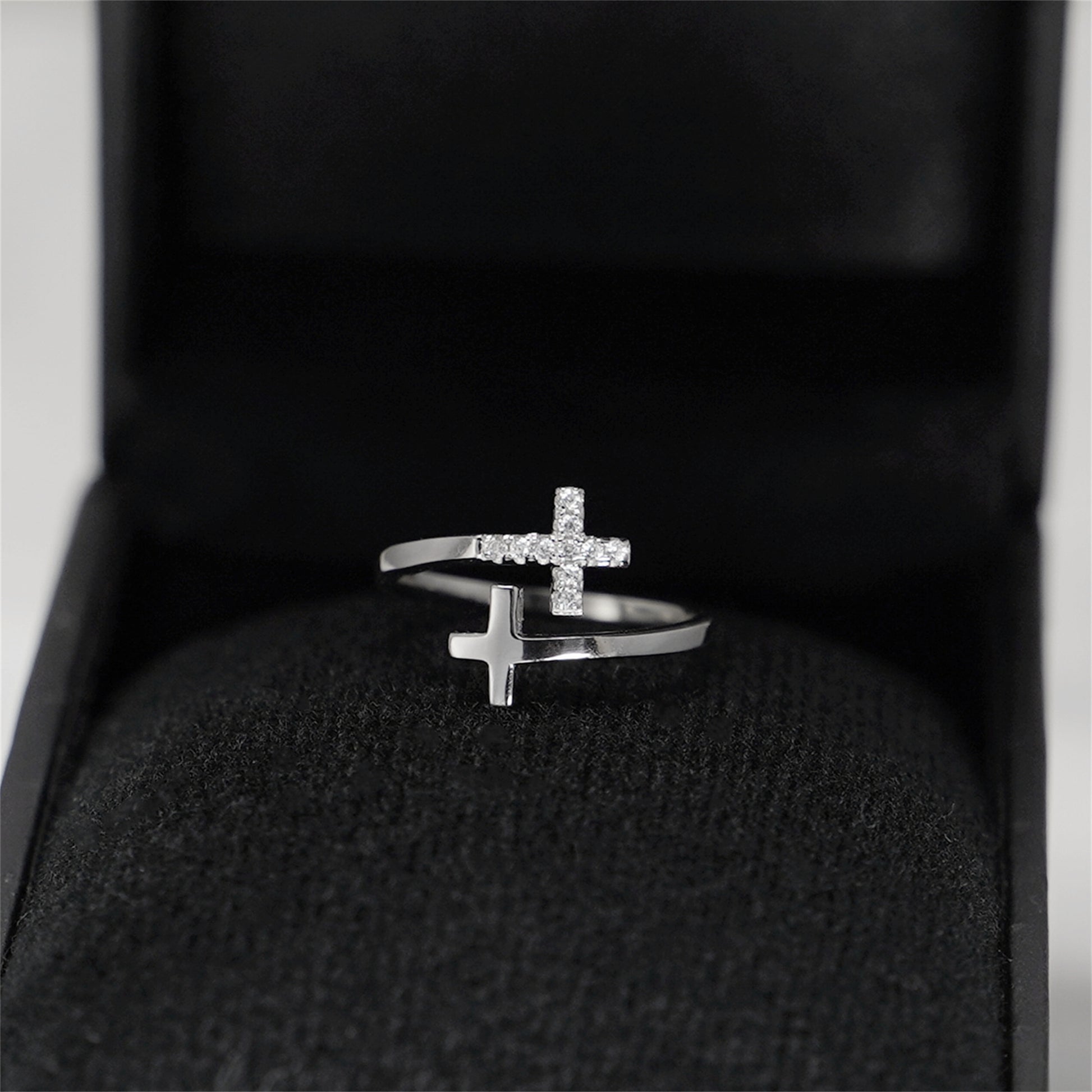 Rhodium on Sterling Silver Double Cross Paved CZ Wrap Open Band Ring - sugarkittenlondon