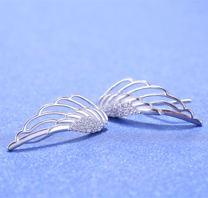 Rhodium on Sterling Silver Crystal Angel Wing Feather Cuff Crawler Climber Earrings
